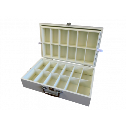 Coffret de présentation de thés 24 cases, 2 étages, laqué matifié de couleur crème avec poignée valise