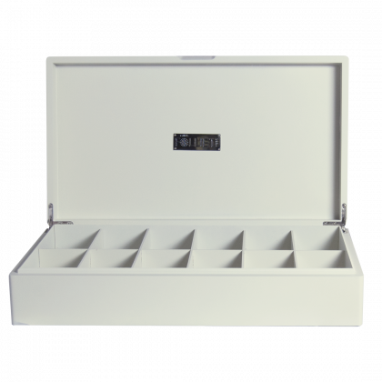 Coffret de présentation de thés 12 cases, laqué matifié de couleur crème