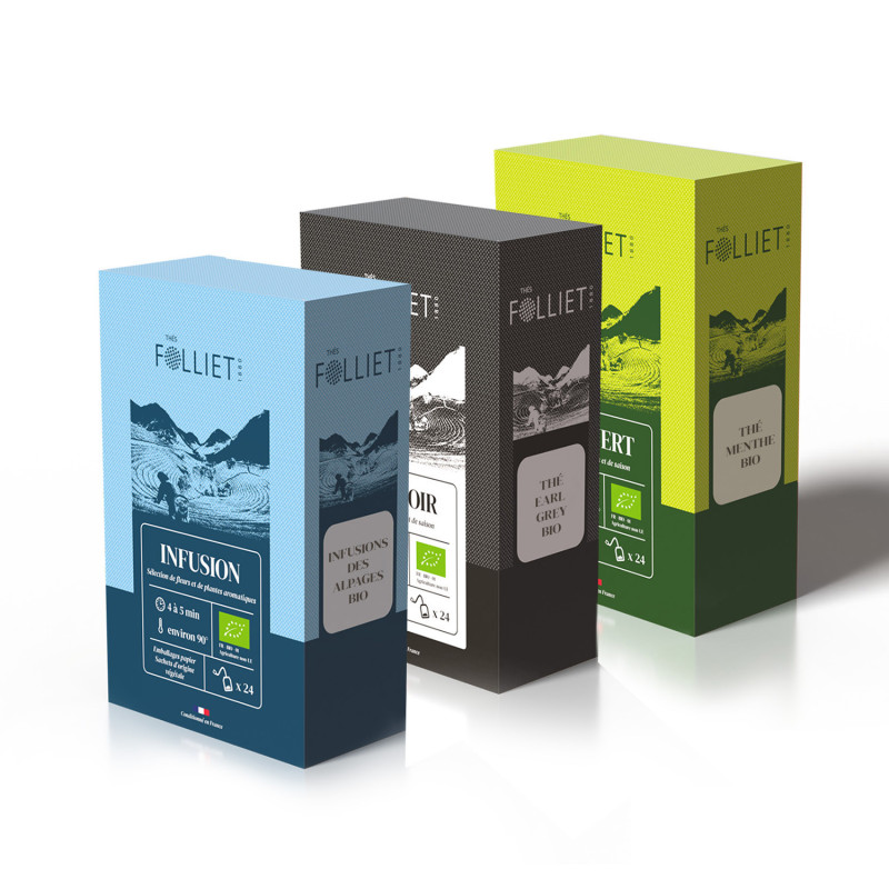Trio infusion des alpages, thé noir earl grey, thé ert menthe