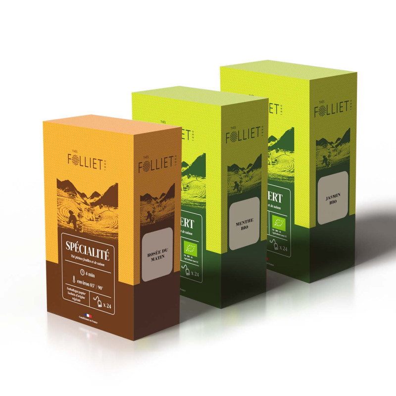 Pack de thé verts : Rosée du matin, menthe bio et thé vert jasmin bio