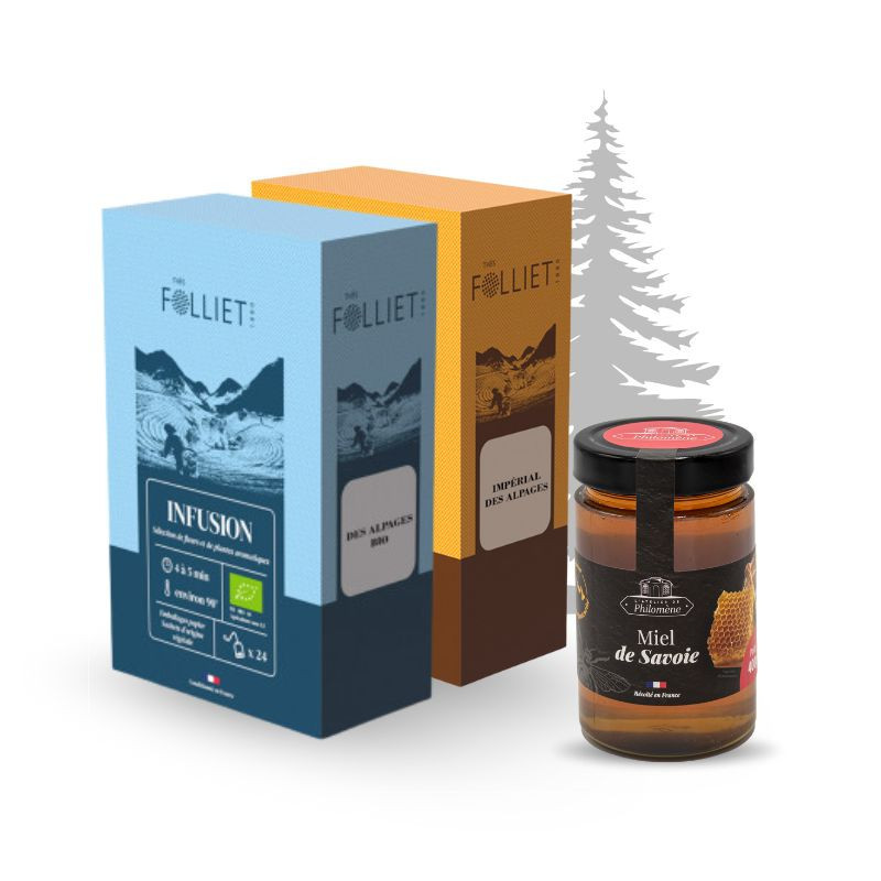 Trio saveurs des montagnes, infusion des alpages, thé des alpages et miel de savoie