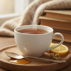 photo d'ambiance tasse de thé chaude avec une cuillère de miel